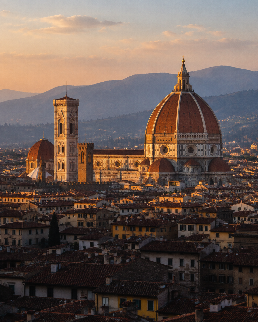 The dome of Florence cathedral above the city rooftops in late golden light.