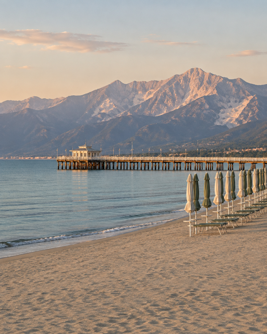 The beach and wooden pier at Forte dei Marmi, with the Apuan mountains behind.