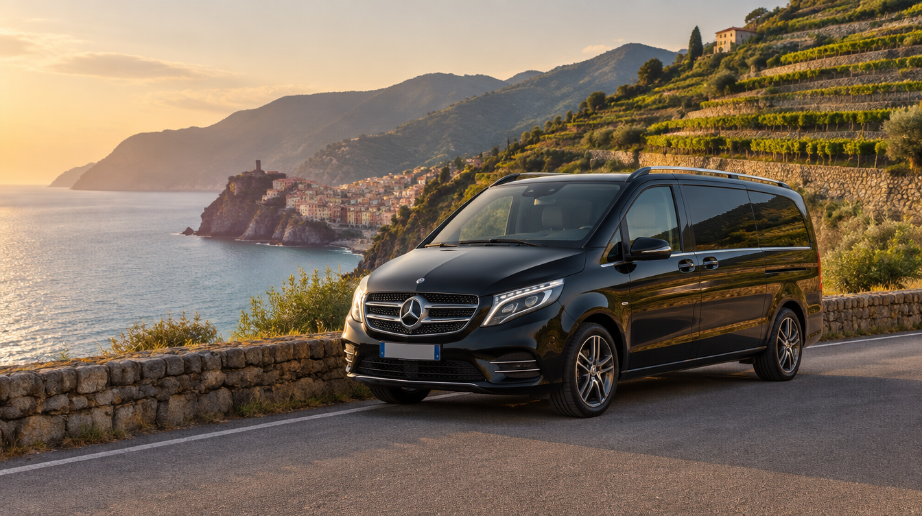 A black Mercedes-Benz minivan on the coast road above the Cinque Terre at sunset.