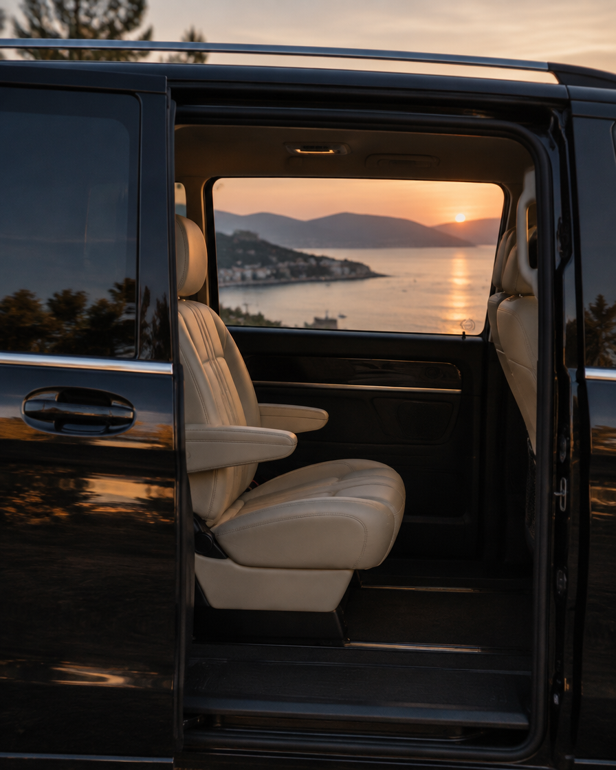 A leather passenger seat seen through the open door, the Gulf of La Spezia beyond.