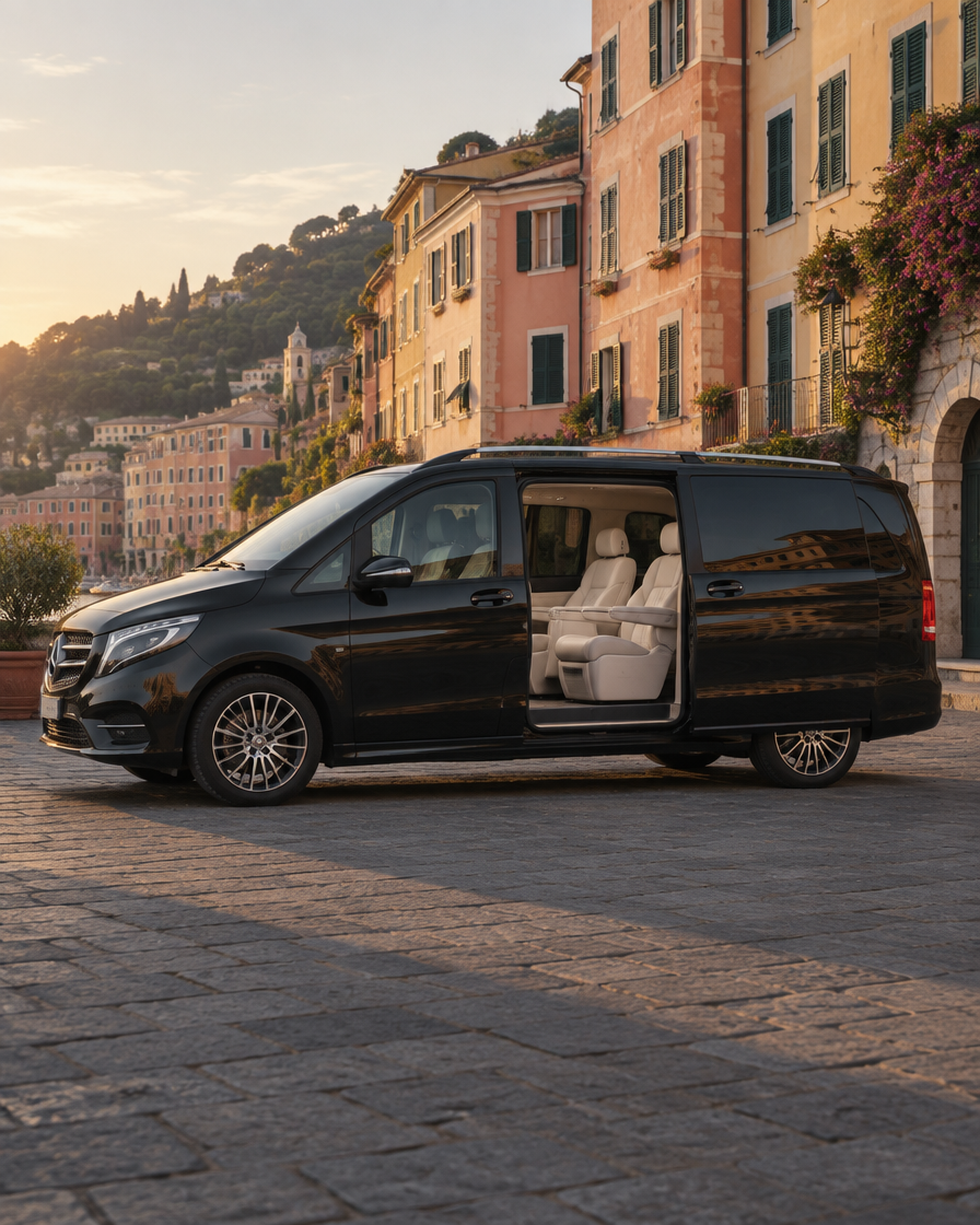 A black Mercedes-Benz minivan with its sliding door open onto cream leather seats.