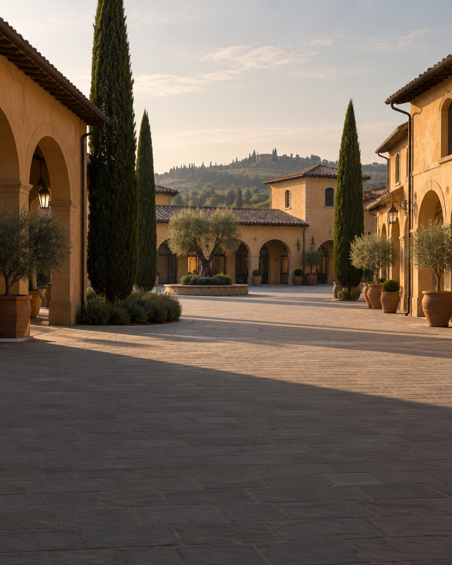 The quiet arcaded walkways of a Tuscan designer outlet village in afternoon light.