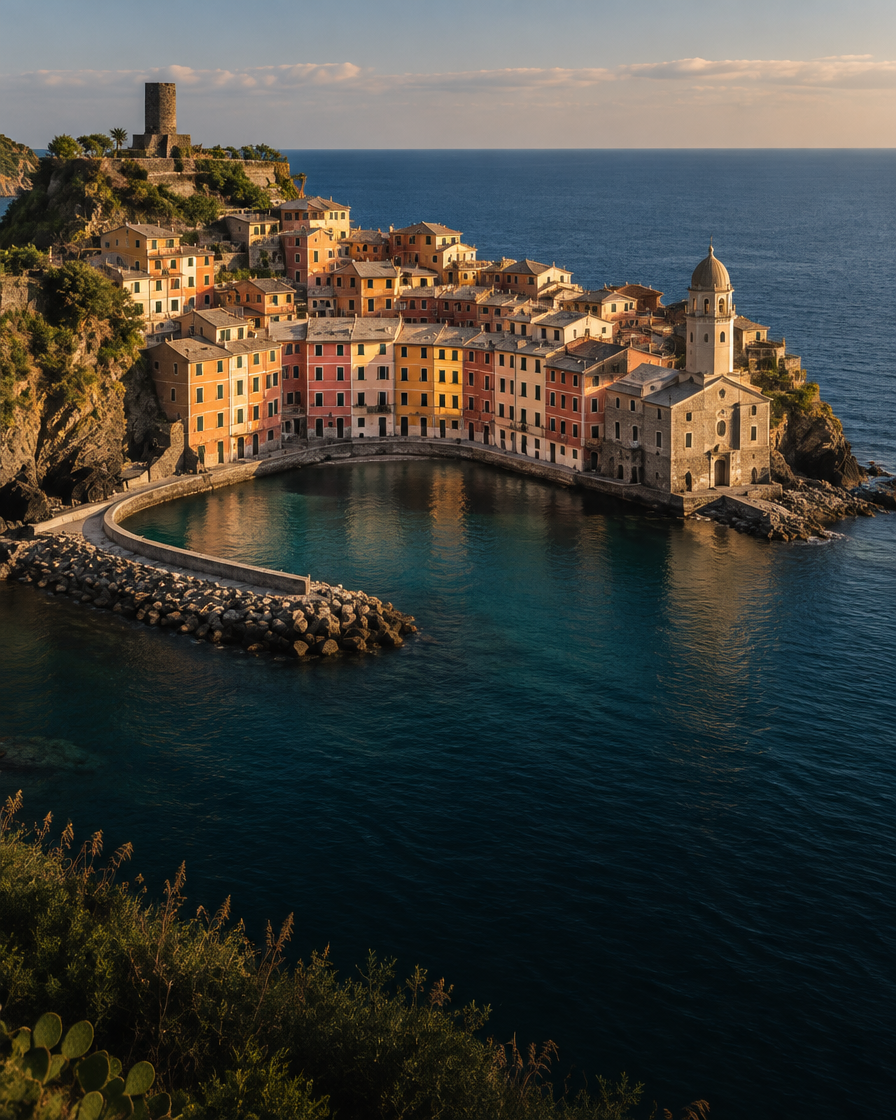 Pastel houses around the small harbour of Vernazza in the Cinque Terre.